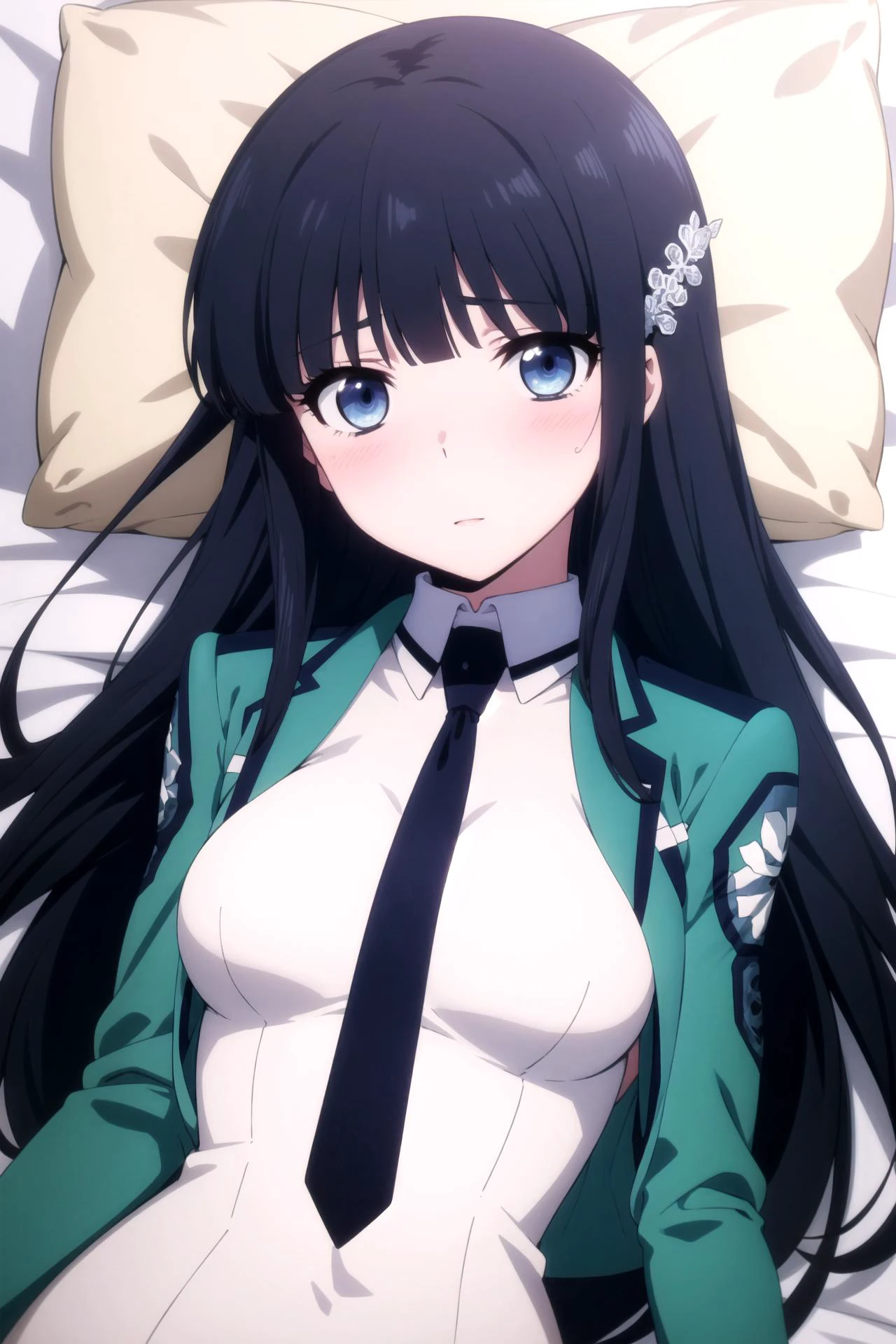 1girl, solo, masterpiece, best quality,
<lora:miyuki-mahouka:0.8>,
mahouka koukou no rettousei, miyuki shiba, shiba miyuki, black eyes, blue eyes, tsurime, eyelashes, black hair, long hair, hime cut, straight hair, blunt bangs, blunt ends, sidelocks, hair ornament, snowflake hair ornament, first high school uniform, dress, white dress, collared dress, pencil dress, necktie, black necktie, short necktie, jacket, green jacket, cropped jacket, open jacket, long sleeves, large breasts,
upper body, lying, looking at viewer, on back, on bed,
blush, nose blush, nervous,
bed sheet, pillow