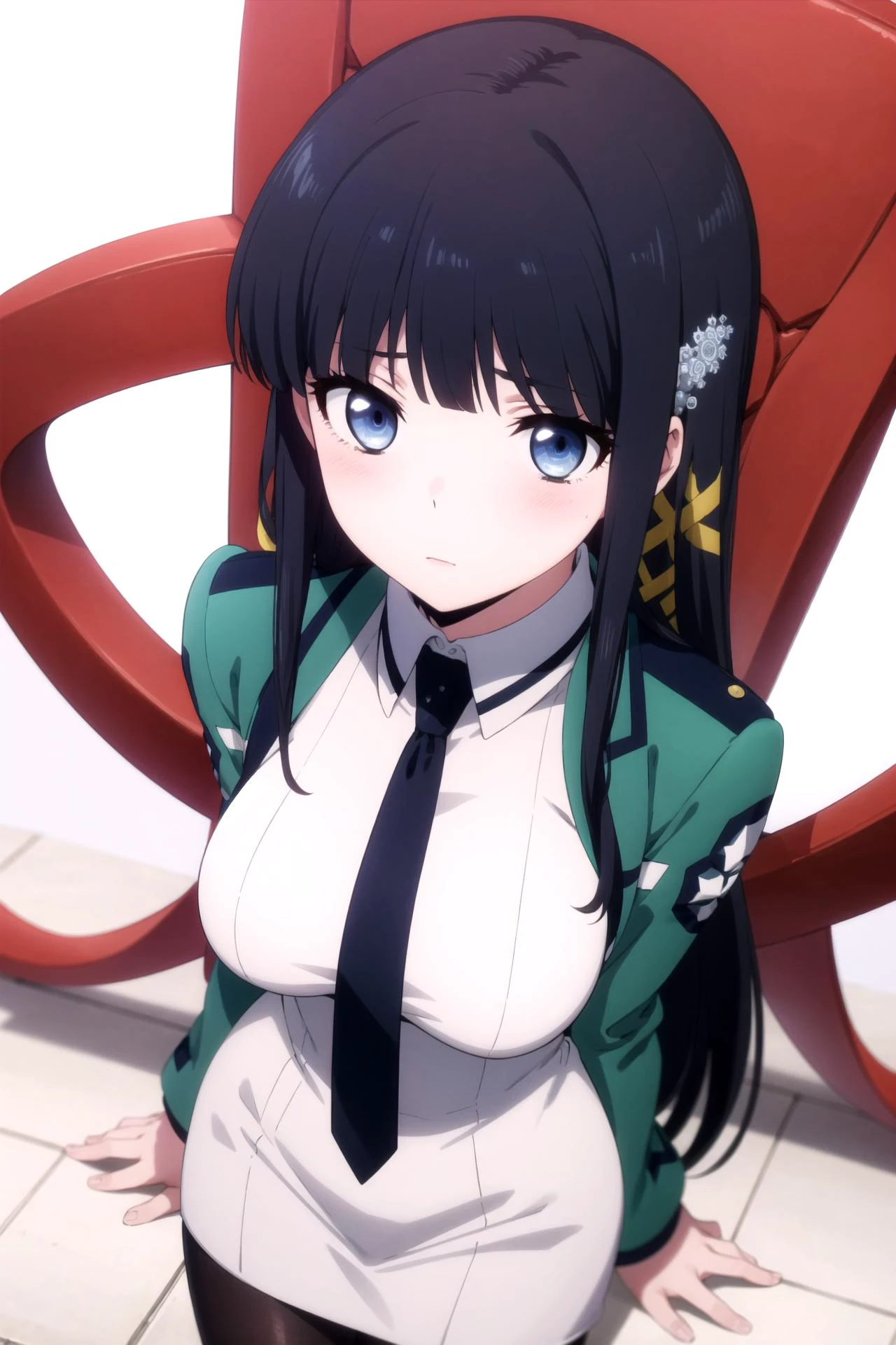 1girl, solo, masterpiece, best quality,
<lora:miyuki-mahouka:0.8>,
mahouka koukou no rettousei, miyuki shiba, shiba miyuki, black eyes, blue eyes, tsurime, eyelashes, black hair, long hair, hime cut, straight hair, blunt bangs, blunt ends, sidelocks, hair ornament, snowflake hair ornament, first high school uniform, dress, white dress, collared dress, pencil dress, necktie, black necktie, short necktie, jacket, green jacket, cropped jacket, open jacket, long sleeves, large breasts, pantyhose, breasts,
cowboy shot, leaning forward, v arms, from above, looking up, looking at viewer,
blush, expressionless,
simple background, white background, heart background, heart, spoken heart