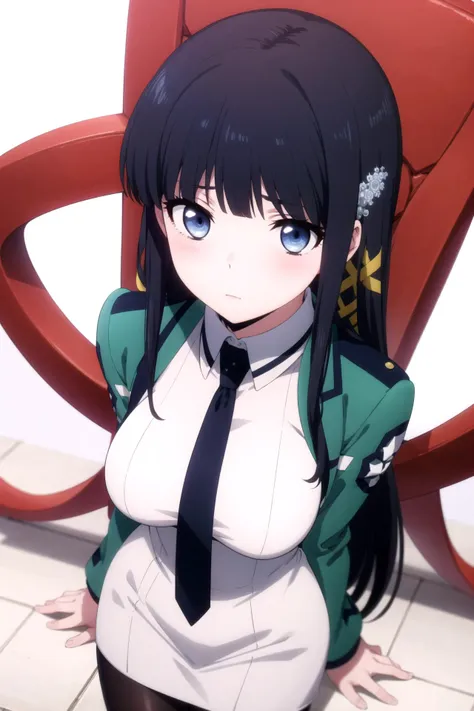 1girl, solo, masterpiece, best quality, 
<lora:miyuki-mahouka:0.8>,
mahouka koukou no rettousei, miyuki shiba, shiba miyuki, black eyes, blue eyes, tsurime, eyelashes, black hair, long hair, hime cut, straight hair, blunt bangs, blunt ends, sidelocks, hair ornament, snowflake hair ornament, first high school uniform, dress, white dress, collared dress, pencil dress, necktie, black necktie, short necktie, jacket, green jacket, cropped jacket, open jacket, long sleeves, large breasts, pantyhose, breasts,
cowboy shot, leaning forward, v arms, from above, looking up, looking at viewer,
blush, expressionless,
simple background, white background, heart background, heart, spoken heart