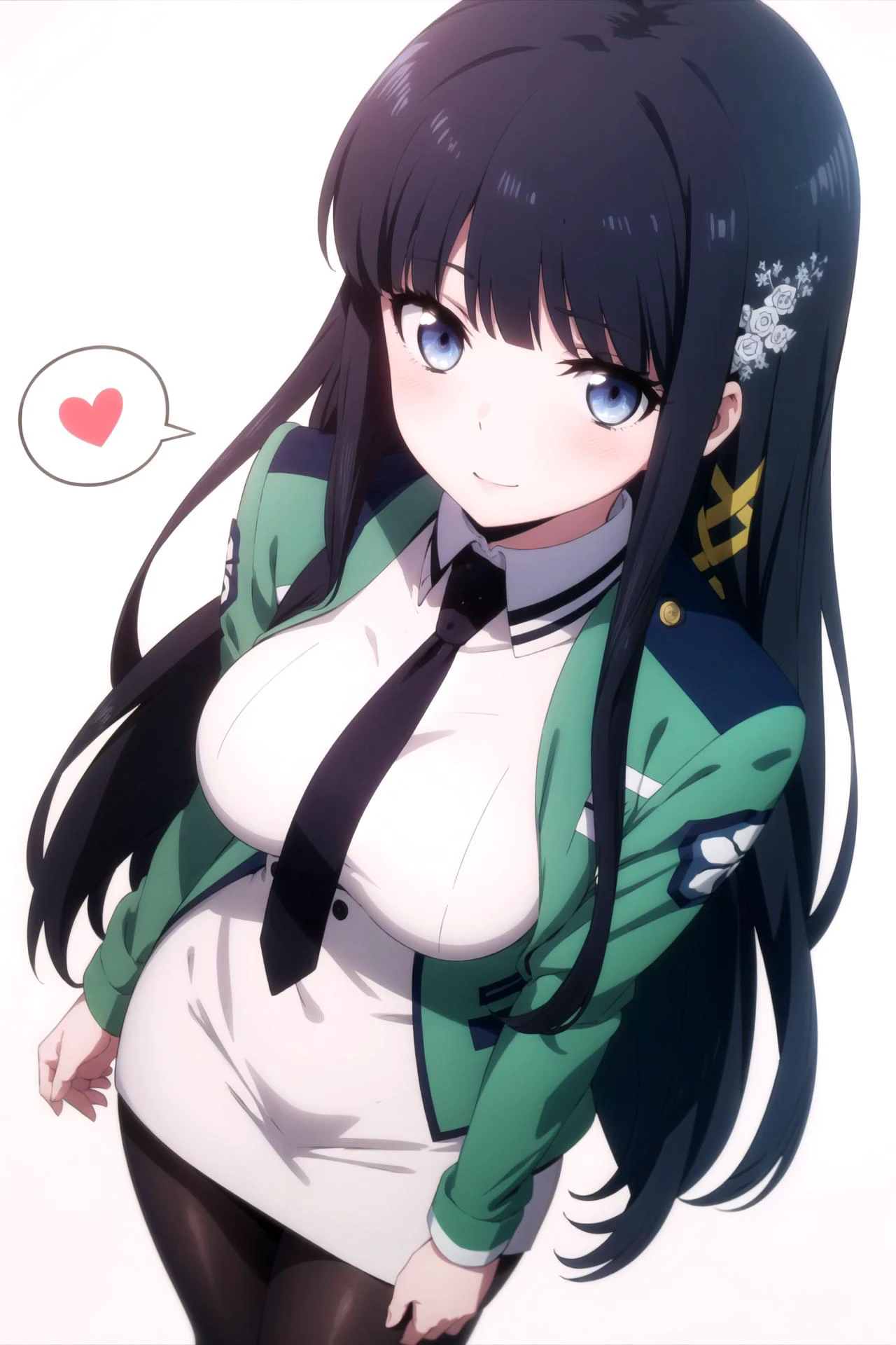 1girl, solo, masterpiece, best quality,
<lora:miyuki-mahouka:0.8>,
mahouka koukou no rettousei, miyuki shiba, shiba miyuki, black eyes, blue eyes, tsurime, eyelashes, black hair, long hair, hime cut, straight hair, blunt bangs, blunt ends, sidelocks, hair ornament, snowflake hair ornament, first high school uniform, dress, white dress, collared dress, pencil dress, necktie, black necktie, short necktie, jacket, green jacket, cropped jacket, open jacket, long sleeves, large breasts, pantyhose, breasts,
cowboy shot, leaning forward, v arms, from above, looking up, looking at viewer,
blush, light smile,
simple background, white background, heart background, heart, spoken heart