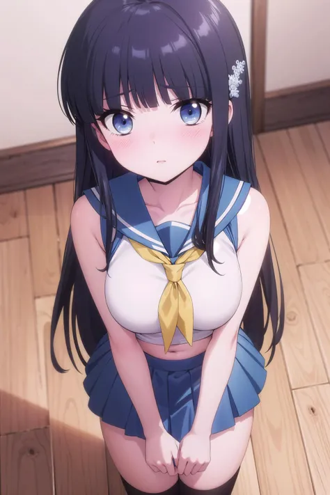score_9, score_8_up, score_7_up, source_anime, mikuizayoi, miku izayoi, bangs, blunt bangs, hime cut, hair ornament, long hair, blue eyes, blue hair,  unbuttoned, serafuku, sailor collar, white sailor collar, white neckerchief, blue shirt unbuttoned, short sleeves, blue skirt,itting,legs open, looking at viewer, cowboy shot, dutch angle,showing naked breasts, medium breasts, showing naked breasts ,naked breasts nipples,semi naked,short height,large breasts(cowboy photo: 1.5)