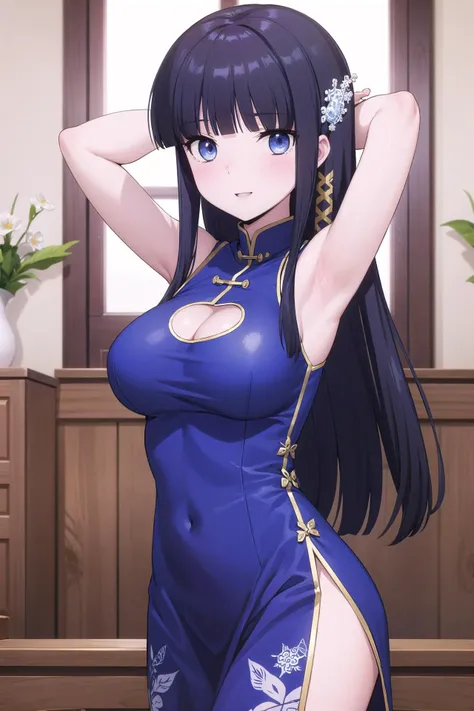 takeda hiromitsu style,(((masterpiece, highest quality:1.5,absurdres))),20 year old beauty,solo,((very small head)),long hair,bangs,dark blue hair,dark blue eyes,shy,smile,medium breasts,((very long body)),((toned body:1.2,slender body)),skinny,gleaming skin,shiny skin,((Dark blue cheongsam、Side slits)),standing,A luxurious dining venue、Western-style building、Many invited guests、