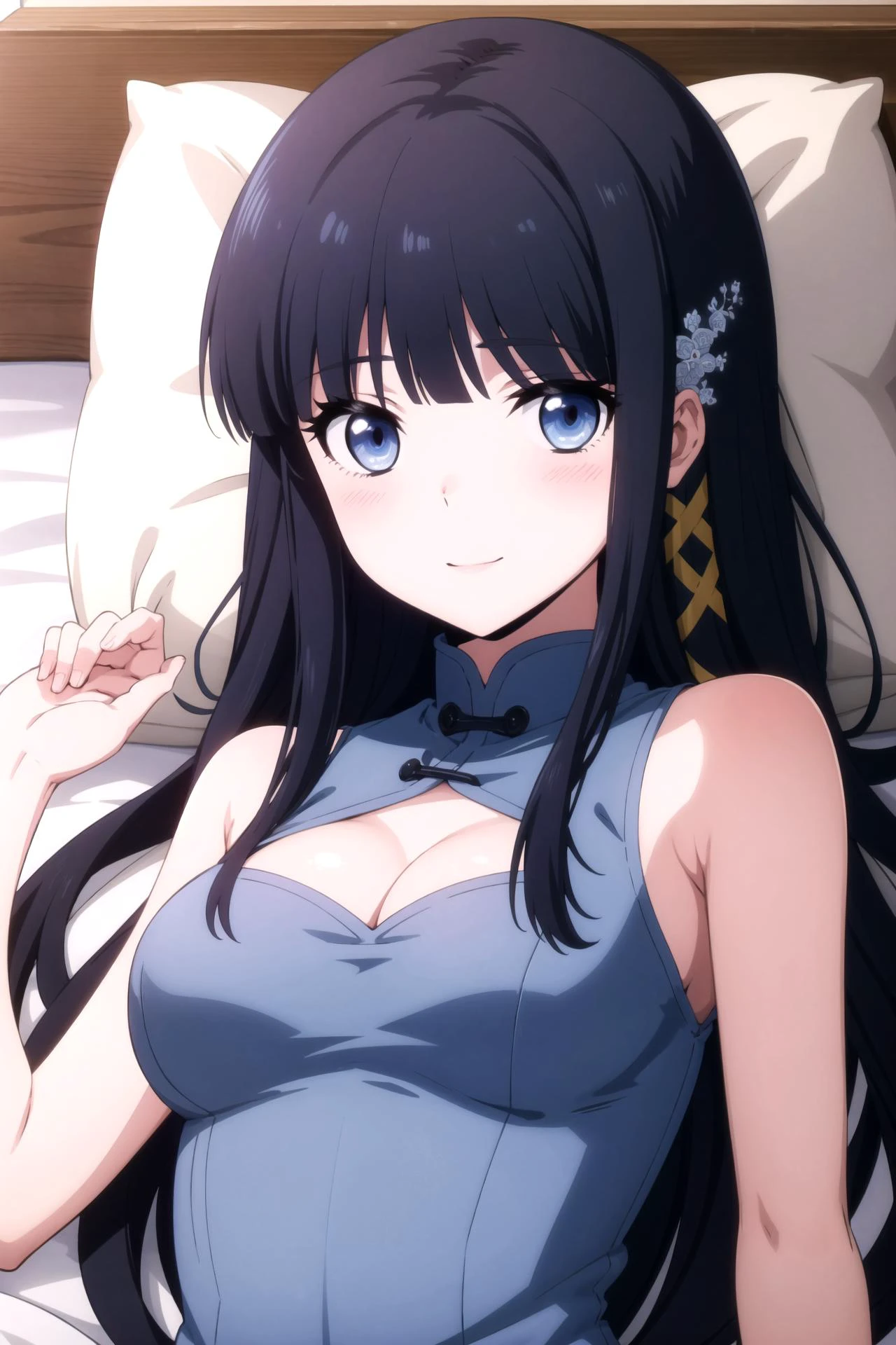1girl, solo, masterpiece, best quality,
<lora:miyuki-mahouka:0.8>,
gold trim, dragon print, mahouka koukou no rettousei, miyuki shiba, shiba miyuki, black eyes, blue eyes, tsurime, eyelashes, black hair, long hair, hime cut, straight hair, blunt bangs, blunt ends, sidelocks, hair ornament, snowflake hair ornament, tress ribbon, china dress, chinese clothes, clothing cutout, cleavage cutout, dress, sleeveless dress, sleeveless, bare shoulders, bare arms, cleavage, black dress, large breasts,
upper body, lying, looking at viewer, on back, on bed,
blush, smile,
bed sheet, pillow