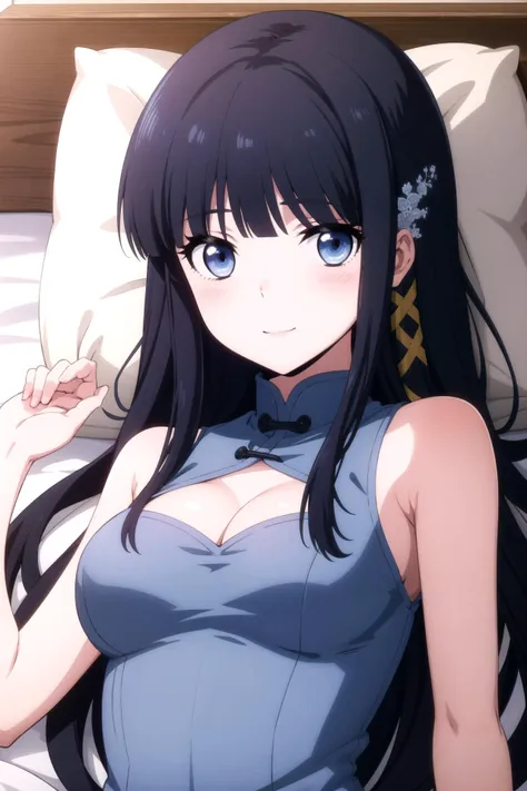 1girl, solo, masterpiece, best quality,
      <lora:miyuki-mahouka:0.8>,
          gold trim, dragon print, mahouka koukou no rettousei, miyuki shiba, shiba miyuki, black eyes, blue eyes, tsurime, eyelashes, black hair, long hair, hime cut, straight hair, blunt bangs, blunt ends, sidelocks, hair ornament, snowflake hair ornament, tress ribbon, china dress, chinese clothes, clothing cutout, cleavage cutout, dress, sleeveless dress, sleeveless, bare shoulders, bare arms, cleavage, black dress, large breasts,
          upper body, lying, looking at viewer, on back, on bed,
          blush, smile,
          bed sheet, pillow