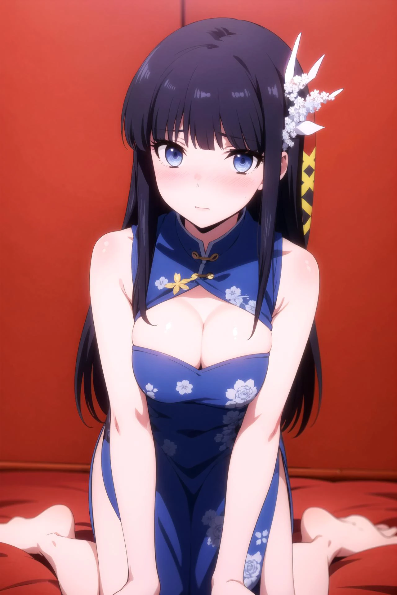 1girl, solo, masterpiece, best quality,
<lora:miyuki-mahouka:0.8>,
gold trim, floral print, mahouka koukou no rettousei, miyuki shiba, shiba miyuki, black eyes, blue eyes, tsurime, eyelashes, black hair, long hair, hime cut, straight hair, blunt bangs, blunt ends, sidelocks, hair ornament, snowflake hair ornament, tress ribbon, china dress, chinese clothes, clothing cutout, cleavage cutout, dress, sleeveless dress, sleeveless, bare shoulders, bare arms, cleavage, blue dress, large breasts, side slit, bare legs, barefoot, hanging breasts,
all fours, looking at viewer, breasts,
blush, nose blush, flustered,
simple background, red background, heart background