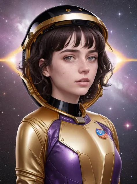 realistic photo, masterpiece, highest quality, high quality, cute, (detailed face and eyes:1.1), (freckles:0.8), gold choker, intricate astronaut suit, (astronaut helmet), 19 year old woman, by Jeremy Lipking, by Antonio J Manzanedo, short black hair with gold highlights, messy hair, (purple eyes), royal, midriff, navel, dusk lighting, jumpsuit, thighs, galaxy background,