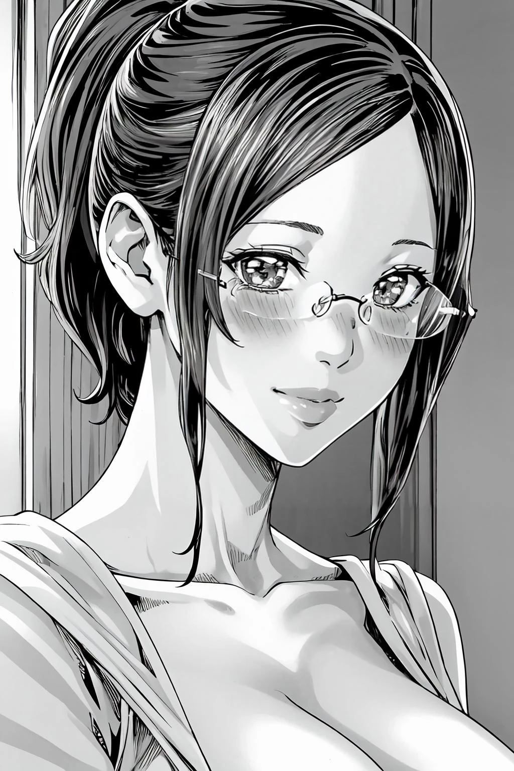 (masterpiece, best quality:1.2), highres, (greyscale, monochrome:1.2), 1girl, solo, blush, seductive smile,
Kayoko_Hoshi, mature female, short hair, ponytail, bangs, sidelocks, glasses, rimless eyewear, large breasts, lips,
portrait, upper body, looking at viewer, facing viewer, head on,
indoors,
<lora:add_detail_CyberAlchemist:0.2>, <lora:GoodHands-beta2:0.8>, <lora:KayokoHoshi-000010:0.9>