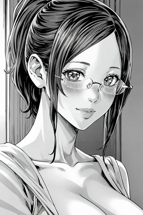 (masterpiece, best quality:1.2), highres, (greyscale, monochrome:1.2), 1girl, solo, blush, seductive smile,
Kayoko_Hoshi, mature female, short hair, ponytail, bangs, sidelocks, glasses, rimless eyewear, large breasts, lips,
portrait, upper body, looking at viewer, facing viewer, head on,
indoors, 
<lora:add_detail_CyberAlchemist:0.2>, <lora:GoodHands-beta2:0.8>, <lora:KayokoHoshi-000010:0.9>