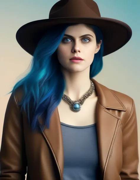AlexandraDaddario,<lora:AlexandraDaddarioSDXL:1>,Realistic photo of a beautiful woman, 1girl, solo, long hair, hat, jewelry, blue hair, jacket, multicolored hair, necklace, bracelet, lips, realistic, fashion, soft lighting, professional Photography, Photorealistic, detailed, RAW, analog, sharp focus, 8k, HD, DSLR, high quality, Fujifilm XT3, film grain, award winning, masterpiece