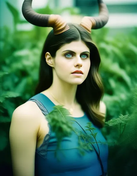 AlexandraDaddario, photograph, Unusual Girl, wearing Plants, Horns, Smartwatch, award winning, film grain, film camera, F/5, CMYK Colors,  <lora:AlexandraDaddarioSDXL:1>