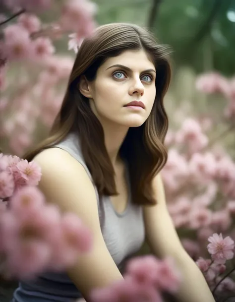 AlexandraDaddario, photograph, lush blossoms, professional shot of a Elevated muscular Female, Camping, Handsome Empty Eyes, Pencil Mustache, split diopter, Frightening, film grain, film camera, Depth of field 270mm, absurdres,  <lora:AlexandraDaddarioSDXL:1>