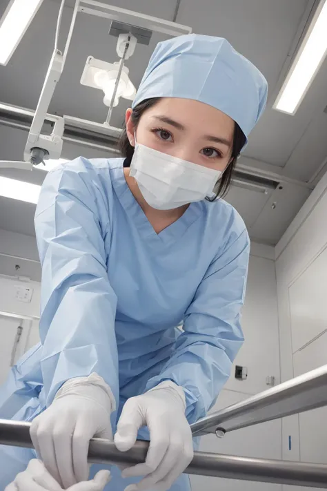 (RAW photo, best quality), 1girl, long sleeve surgical outfit, surgical mask,  surgical gloves, surgical cap,  operating room, overhead surgical light, looking downward,
 surgery_pov, view from below, pov,
 <lora:concept_surgery_pov_v3_1:0.6> surgery_pov