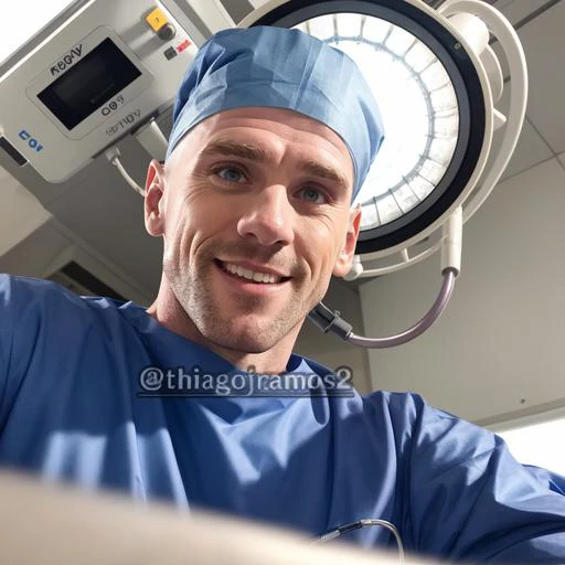 photo,solo,johsin,1boy,bald,smiling,<lora:concept_surgery_pov_v3_1:0.8>,surgery_pov,view from below,pov,long sleeve surgical outfit,surgical gloves,surgical cap,operating room,overhead surgical light,looking downward,