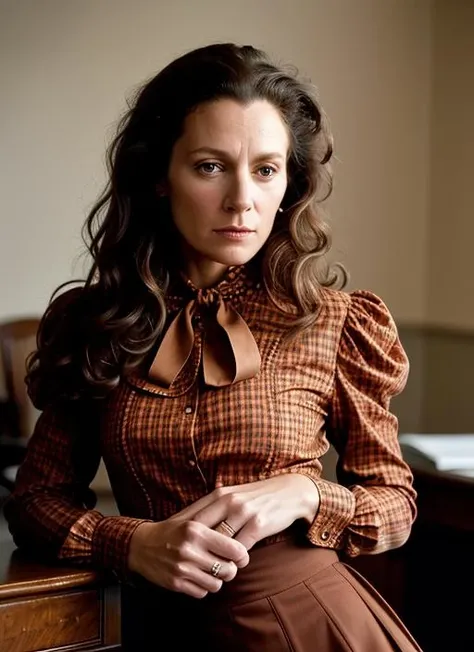 A stunning intricate color close up portrait of (sks woman:1) , wearing Peplum blouse and pencil skirt, epic character composition, sharp focus, natural lighting, subsurface scattering, f2, 35mm, film grain, , by Annie Leibovitz, <lora:lora-small-michelle-gomez-v1:1>