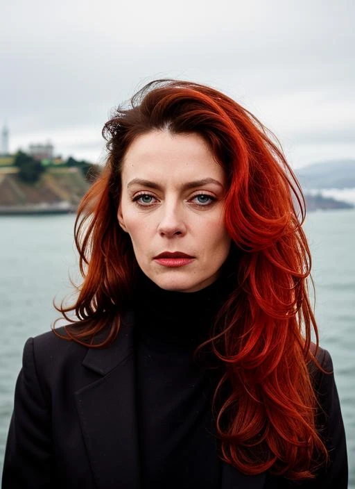 portrait of sks woman in San Francisco, at Alcatraz Island, by Flora Borsi, style by Flora Borsi, bold, bright colours, ((Flora Borsi)), by Peter Lindbergh, <lora:lora-small-michelle-gomez-v1:1>