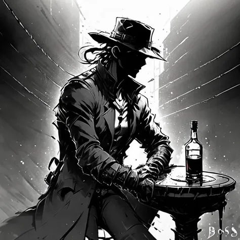 Masamune Shirow style , detective in bar fedora hat hugo boss coat drinking whiskey high detail black and white<lora:Masamune_Shirow:1> <lora:IPXL_v2:1> <lora:davidharbour:1>