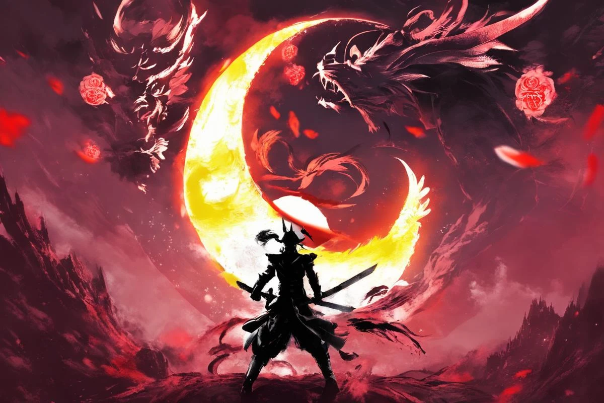 large bloom blood red moon, dragon, Masamune Shirow style detailed face, two swordsmen blades clash silhouette after final strike pose black and white, flower fields, japanese mountains, stars, cinematic shot <lora:Masamune_Shirow:1>