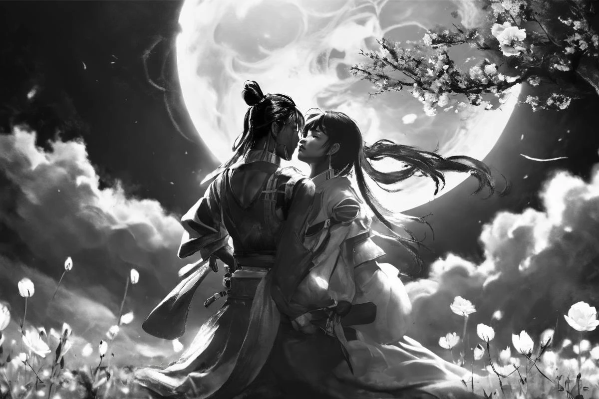 Masamune Shirow style beautiful Japanese woman kissing her samurai man before battle black and white, large yellow moon, flower fields, japanese mountains, stars, cinematic shot <lora:Masamune_Shirow:1>