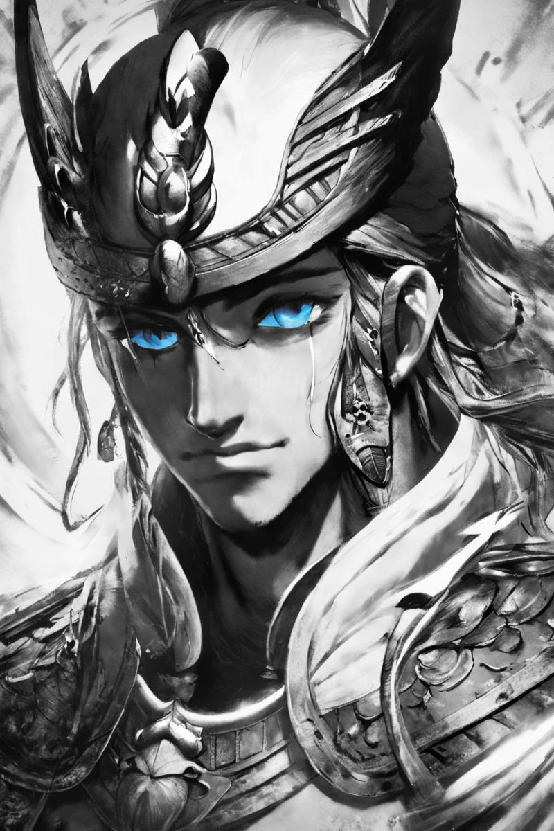 Masamune Shirow style, closeup front facing man profile warrior black and white , (blue eyes:1.4) <lora:Masamune_Shirow:1>