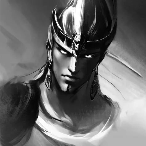 <lora:Masamune_Shirow-000001:1> front facing man profile warrior black and white , blue eyes Masamune Shirow style