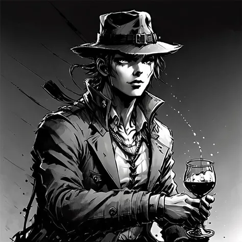 Masamune Shirow style , detective in bar fedora hat hugo boss coat drinking whiskey high detail black and white<lora:Masamune_Shirow:1> <lora:IPXL_v2:1> <lora:davidharbour:1>