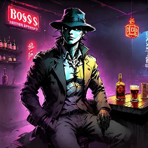 Masamune Shirow style , neon sign inside , detective in bar fedora hat hugo boss coat drinking whiskey high detail black and white<lora:Masamune_Shirow:1> <lora:IPXL_v2:1> <lora:davidharbour:1>