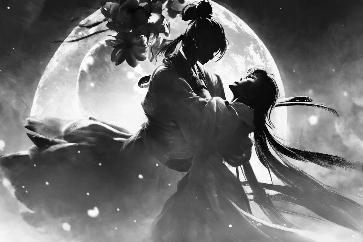 Masamune Shirow style closeup beautiful Japanese woman kissing her samurai man before battle black and white, large bloom yellow moon, flower fields, japanese mountains, stars, cinematic shot <lora:Masamune_Shirow:1>