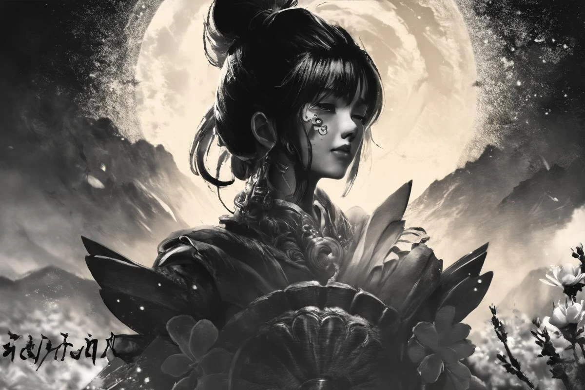Masamune Shirow style detailed face, closeup beautiful Japanese woman kissing her samurai man before battle black and white, large bloom blood moon, flower fields, japanese mountains, stars, cinematic shot <lora:Masamune_Shirow:1>