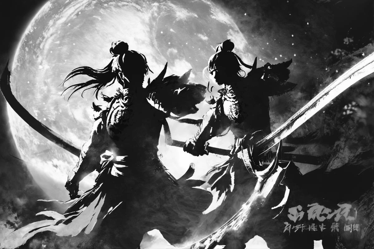 large bloom blood red moon, dragon, Masamune Shirow style detailed face, two swordsmen blades clash silhouette after final strike pose black and white, flower fields, japanese mountains, stars, cinematic shot <lora:Masamune_Shirow:1>