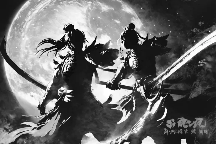 large bloom blood red moon, dragon, Masamune Shirow style detailed face, two swordsmen blades clash silhouette after final strike pose  black and white, flower fields, japanese mountains, stars, cinematic shot     <lora:Masamune_Shirow:1>