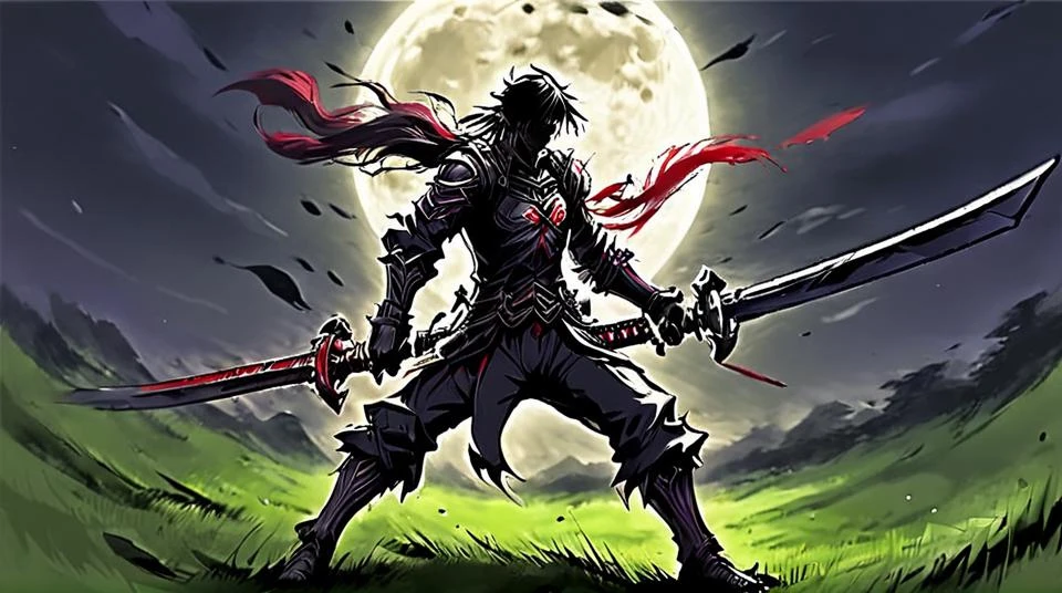 Masamune Shirow style end battle possible before one swords man falls anime two swords men with weapons pose after stabbing each other,end battle moment, finishing blow, Hero's death large moon in background, red blood, black and white on grass flower field<lora:Masamune_Shirow:1> <lora:IPXL_v2:1> <lora:davidharbour:1>
