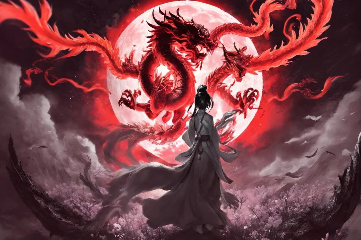 large bloom blood red moon, dragon, Masamune Shirow style detailed face, closeup beautiful Japanese woman next to fire dragons breathe black and white, flower fields, japanese mountains, stars, cinematic shot <lora:Masamune_Shirow:1>