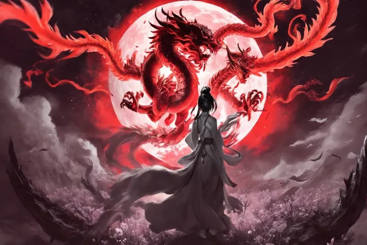 large bloom blood red moon, dragon, Masamune Shirow style detailed face, closeup beautiful Japanese woman next to fire dragons breathe black and white, flower fields, japanese mountains, stars, cinematic shot     <lora:Masamune_Shirow:1>