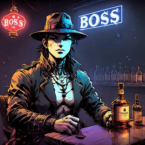 Masamune Shirow style , neon sign inside , detective in bar fedora hat hugo boss coat drinking whiskey high detail black and white<lora:Masamune_Shirow:1> <lora:IPXL_v2:1> <lora:davidharbour:1>