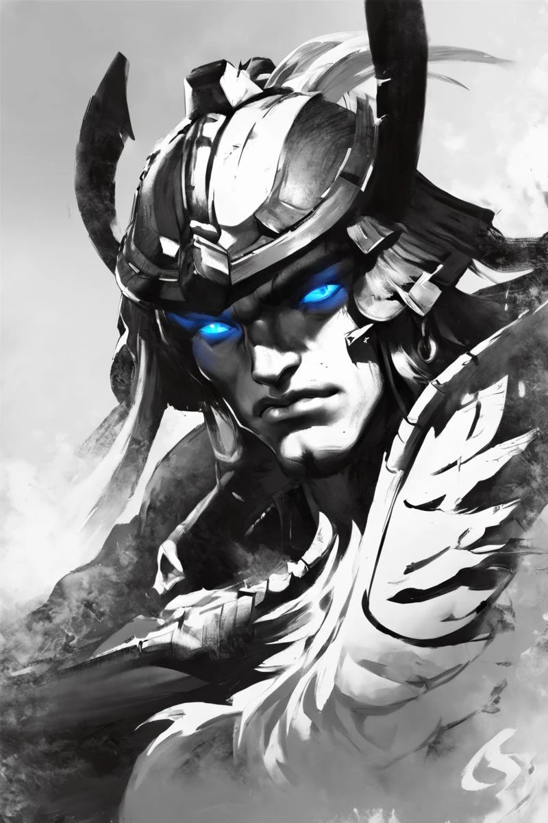Masamune Shirow style, closeup front facing man profile warrior black and white , (blue eyes:1.4) <lora:Masamune_Shirow-000002:1>