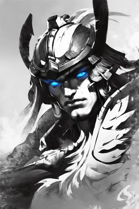 Masamune Shirow style,  closeup front facing man profile warrior black and white , (blue eyes:1.4)   <lora:Masamune_Shirow-000002:1>