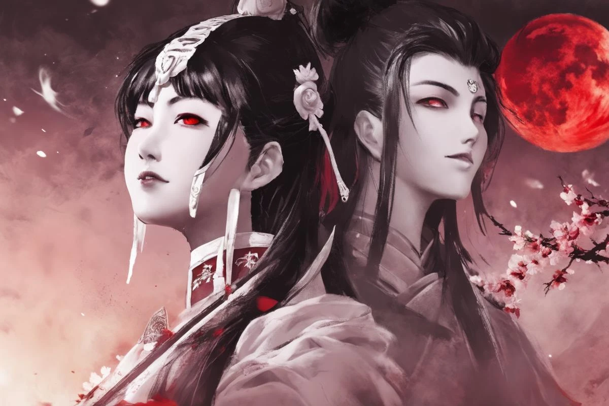 red eyes Asian vampire, Masamune Shirow style detailed face, closeup beautiful Japanese woman kissing her samurai man before battle black and white, large bloom blood moon, flower fields, japanese mountains, stars, cinematic shot <lora:Masamune_Shirow:1>
