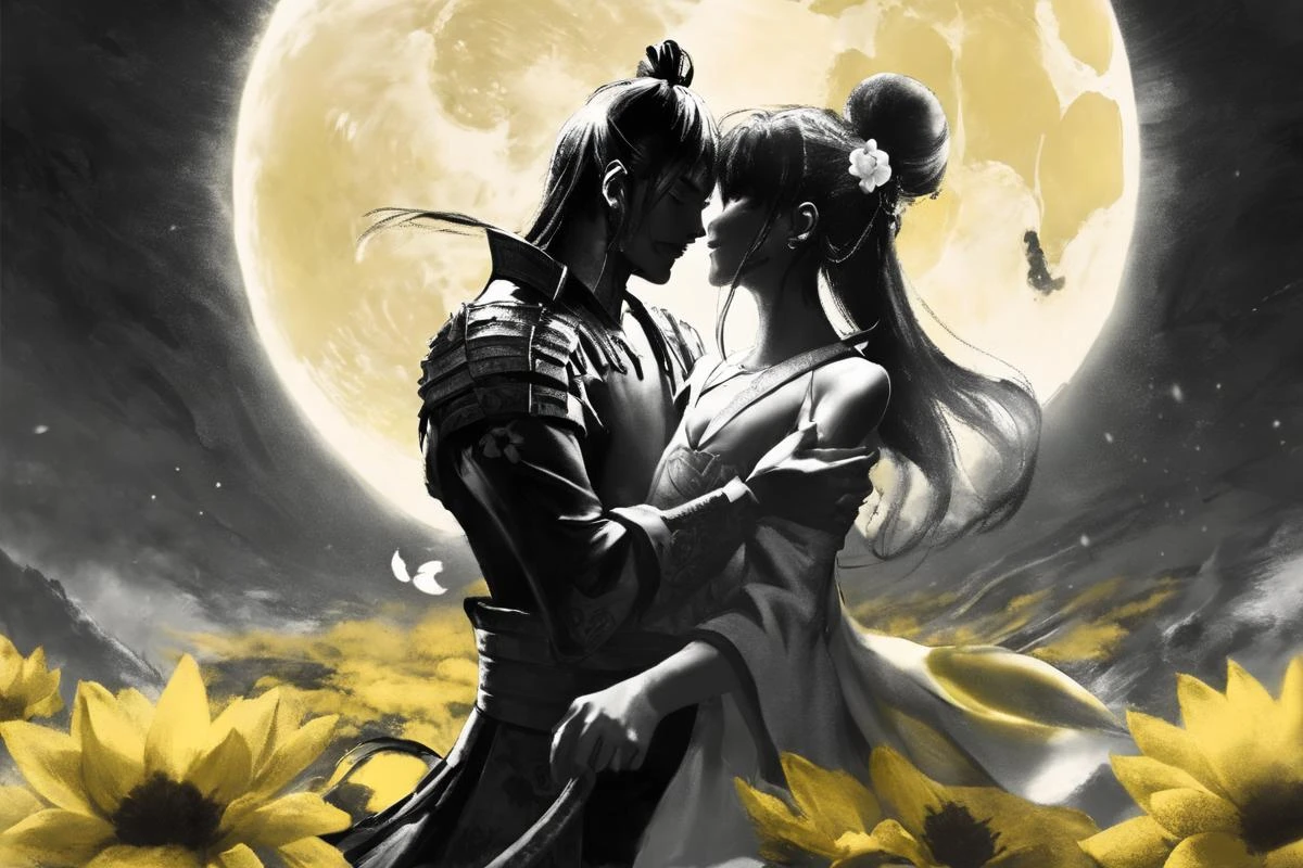 Masamune Shirow style closeup beautiful Japanese woman kissing her samurai man before battle black and white, large bloom yellow moon, flower fields, japanese mountains, stars, cinematic shot <lora:Masamune_Shirow:1>