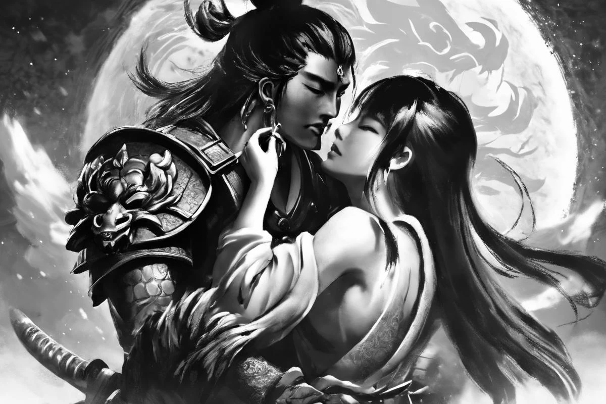 large bloom blood red moon, dragon, Masamune Shirow style detailed face, closeup beautiful Japanese woman kissing her samurai man before battle black and white, flower fields, japanese mountains, stars, cinematic shot <lora:Masamune_Shirow:1>