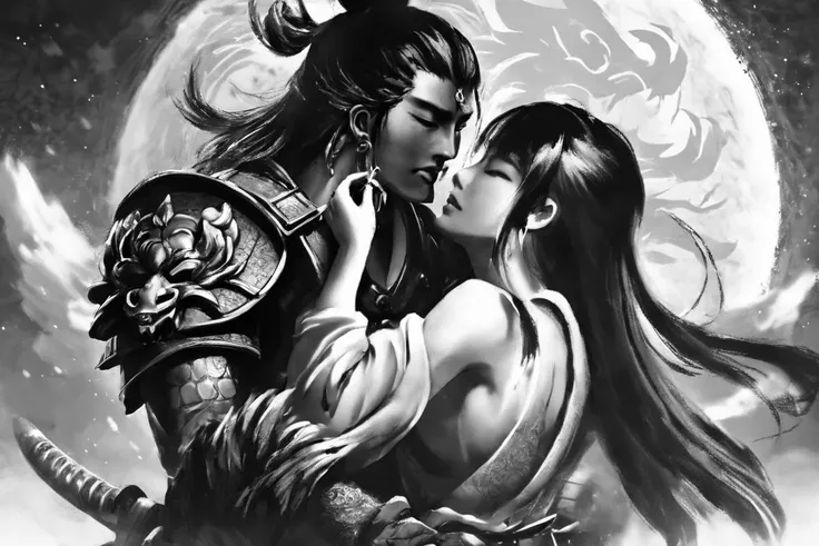 large bloom blood red moon, dragon, Masamune Shirow style detailed face, closeup beautiful Japanese woman kissing her samurai man before battle black and white, flower fields, japanese mountains, stars, cinematic shot     <lora:Masamune_Shirow:1>