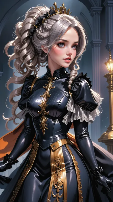 woman, silver hair, hair over one eye, shiny color:darkorange metal victorian ballroom dress, blush, naughty smile, mouth closed, a far future,amazing scifi city outside of the universe, masterpiece<lora:EnvyBetterHiresFixXL01:0@0,0@.49,1@.5:hr=1><lora:EnvyBallroomDressXL02:1>