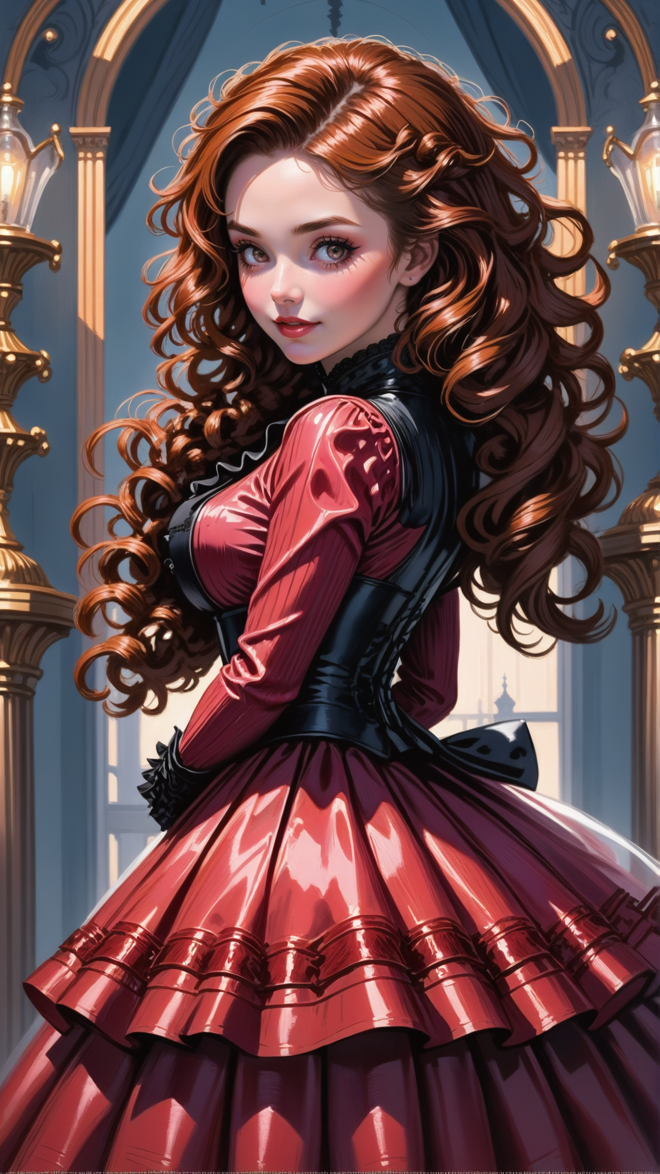 A woman in a red dress standing in front of a doorway - SeaArt AI