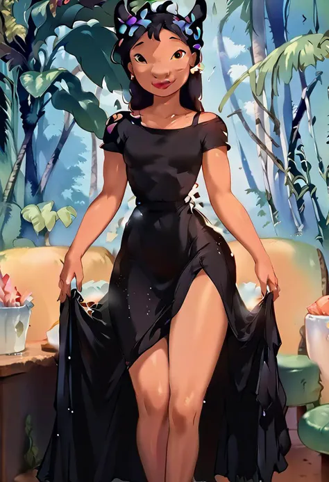 score_9, score_8_up, score_7_up, source_anime, lilo_pelekai, (fully grown), fit body, (adult female), ((tall woman)), ((thin legs)), clean lines, smooth skin, ((masterpiece, best quality)),(complex light), ((athletic body)), long black ballroom dress, covered hips, dressed modestly, ((thin waist)), restaurant, happy, smiling, cat ears, cat tail, Realistic_2.5DAnime_Merge1:0.8>,