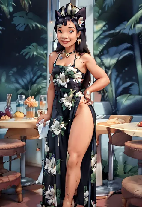 score_9, score_8_up, score_7_up, source_anime, lilo_pelekai, (fully grown), fit body, (adult female), ((tall woman)), ((thin legs)), clean lines, smooth skin, ((masterpiece, best quality)),(complex light), ((athletic body)), long black ballroom dress, covered hips, dressed modestly, ((thin waist)), restaurant, happy, smiling, cat ears, cat tail, Realistic_2.5DAnime_Merge1:0.8>,