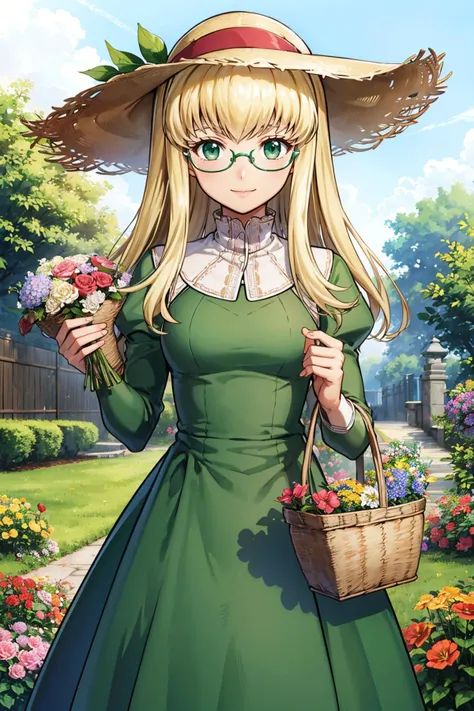 masterpiece, best quality, 1girl, <lora:alexia-nvwls-v1-000009:0.8> defAlexia, red hairband, green dress, sundress, glasses, sun hat, garden, holding basket of flowers, looking at viewer, smile