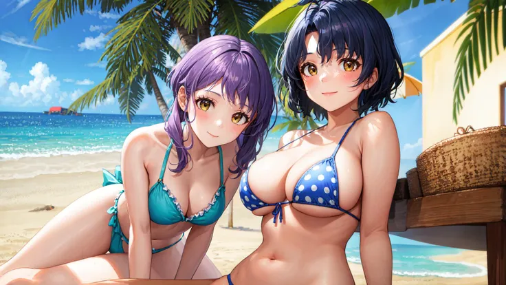 (masutepiece,Best Quality,ultra-detailliert, Professional Writing), (2girls, Align in front and back, (yuri)), Beautiful girl in pink bikini, (grabbing from behind, breast grab, fingering:1.4), sitting, open legs, the beach, (smile:1.4), full bodyesbian, ((molesting)), Dutch Angle Shots, from below, fisheye