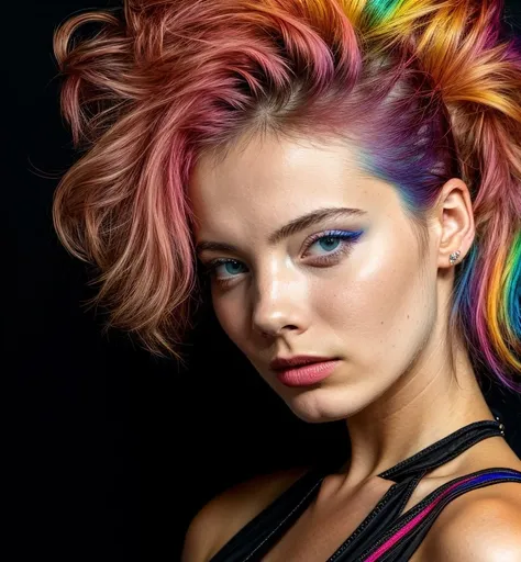 stunning portrait photo of (frln woman:1.0) , by Flora Borsi, style by Flora Borsi, bold, bright colours, (rainbow Mohawk hair:1.1), (Flora Borsi),
<lora:FreyaAllanDogu:1>