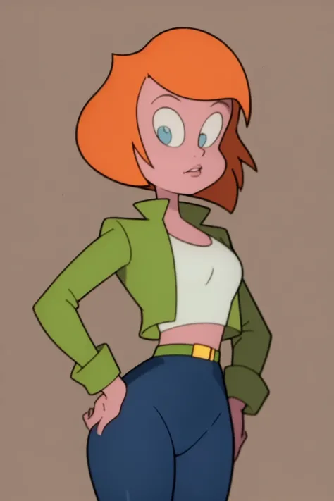 masterpiece, best quality, 1girl, heather, orange hair, blue eyes, short hair, green jacket, shirt, belt, pants, hands on hips, looking at viewer, solo, simple background <lora:Heather:1>