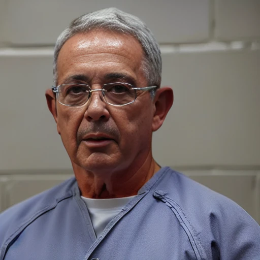 photograph of aucv (((wearing a convict uniform))), (((in a jail))), sad, (((skin pores))), ((perfect eyes)), ((Nikon D850))