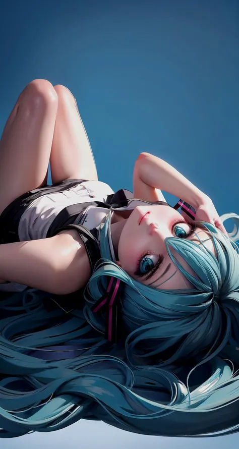 1girl, solo, simple background, <lora:æ¦å¿µ-é¢ å仰躺upside-down:1>, upside-down, hatsune miku, (blue background:1.2), hair between eyes,